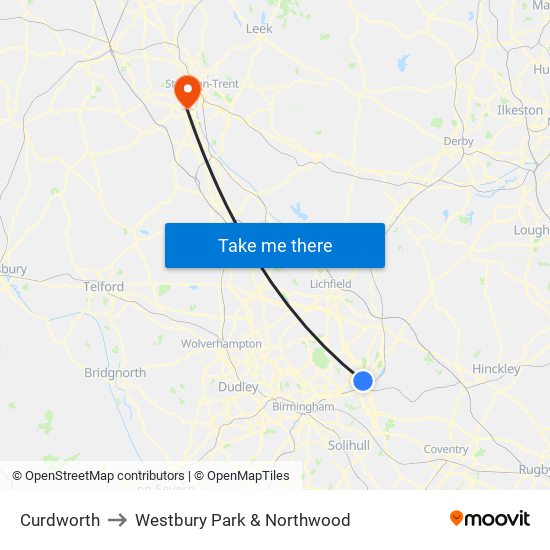 Curdworth to Westbury Park & Northwood map