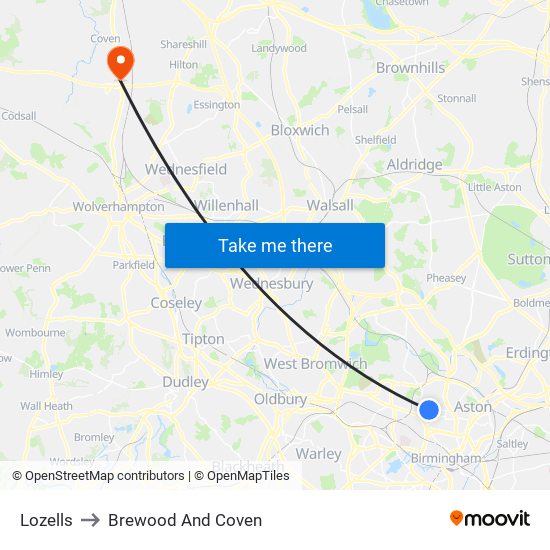 Lozells to Brewood And Coven map