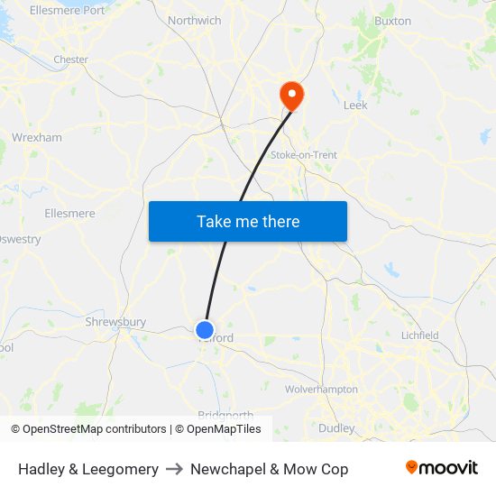 Hadley & Leegomery to Newchapel & Mow Cop map