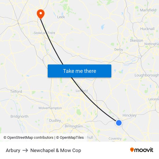 Arbury to Newchapel & Mow Cop map