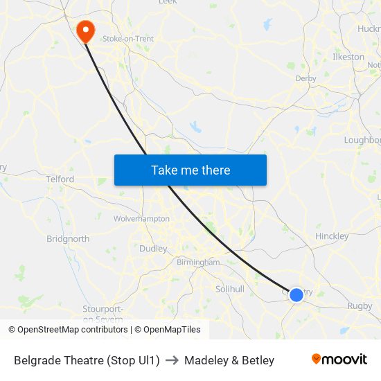 Belgrade Theatre (Stop Ul1) to Madeley & Betley map