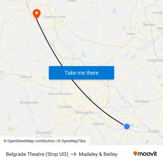 Belgrade Theatre (Stop Ul3) to Madeley & Betley map