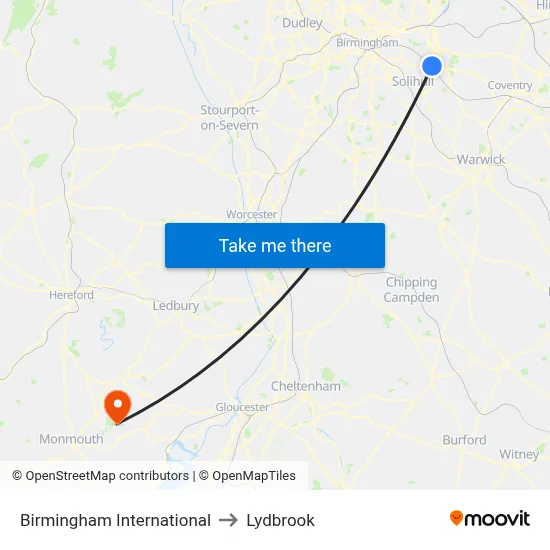 Birmingham International to Lydbrook map