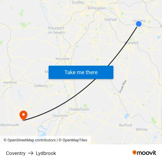 Coventry to Lydbrook map