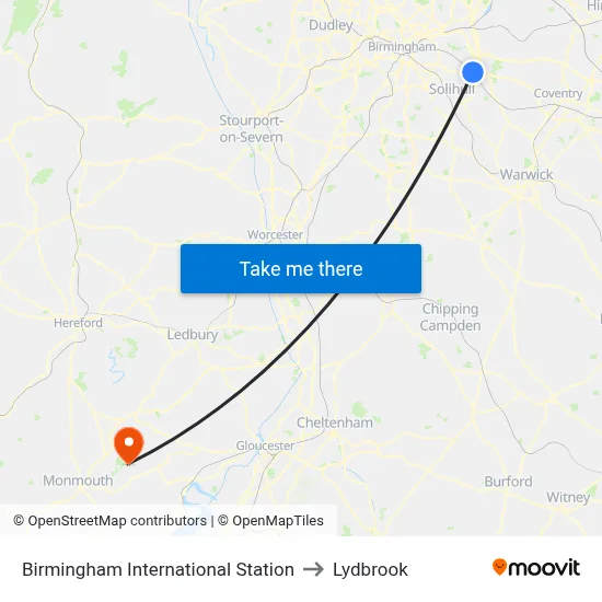 Birmingham International Station to Lydbrook map