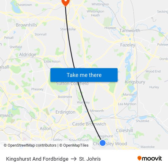 Kingshurst And Fordbridge to St. John's map