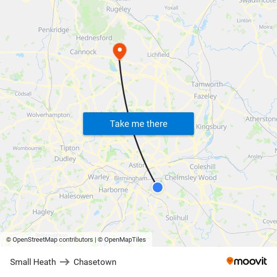 Small Heath to Chasetown map