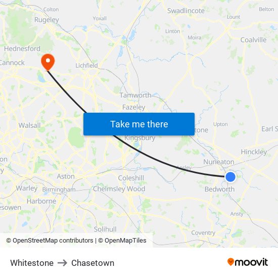 Whitestone to Chasetown map