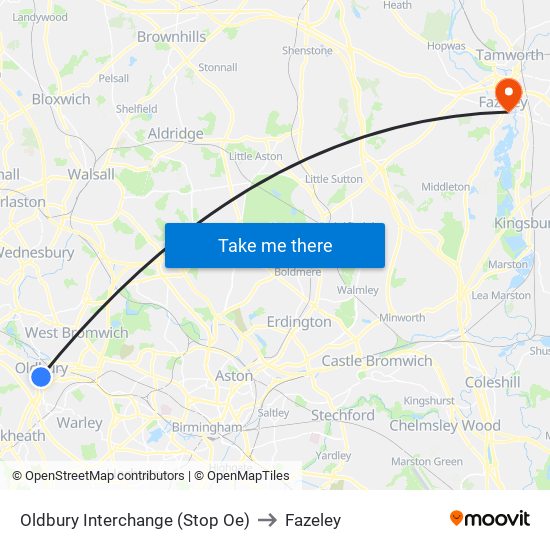 Oldbury Interchange (Stop Oe) to Fazeley map