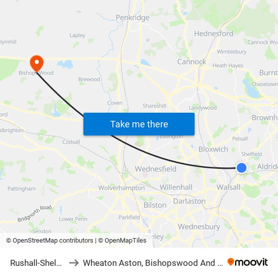 Rushall-Shelfield to Wheaton Aston, Bishopswood And Lapley map