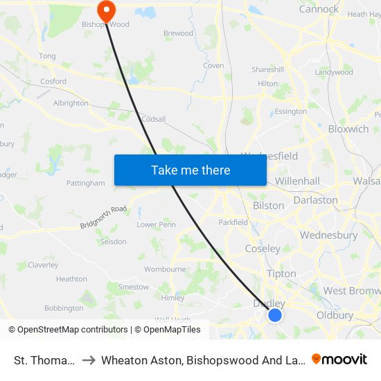 St. Thomas's to Wheaton Aston, Bishopswood And Lapley map