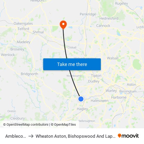 Amblecote to Wheaton Aston, Bishopswood And Lapley map