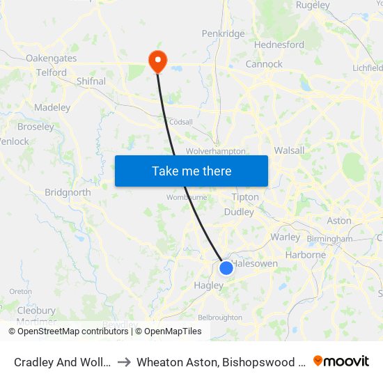 Cradley And Wollescote to Wheaton Aston, Bishopswood And Lapley map