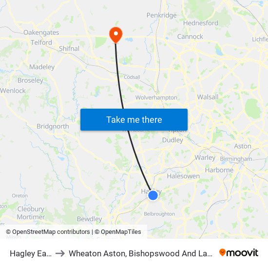 Hagley East to Wheaton Aston, Bishopswood And Lapley map