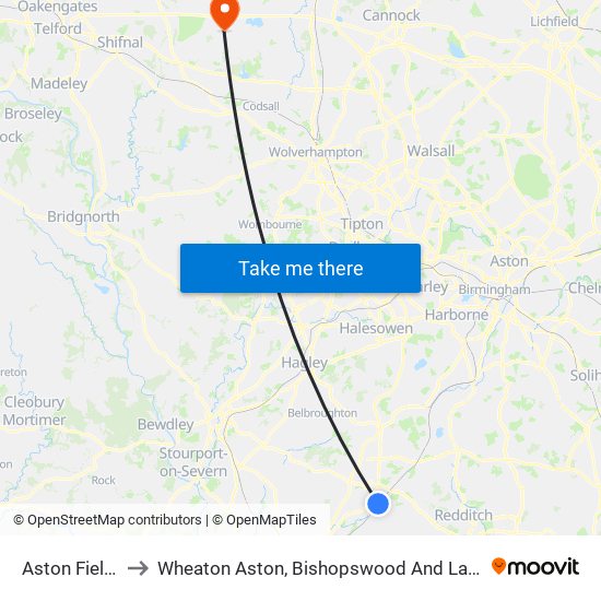 Aston Fields to Wheaton Aston, Bishopswood And Lapley map