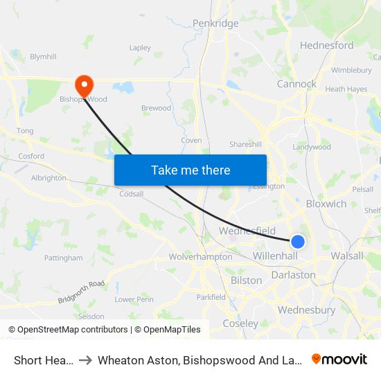 Short Heath to Wheaton Aston, Bishopswood And Lapley map