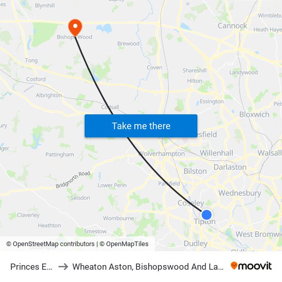 Princes End to Wheaton Aston, Bishopswood And Lapley map