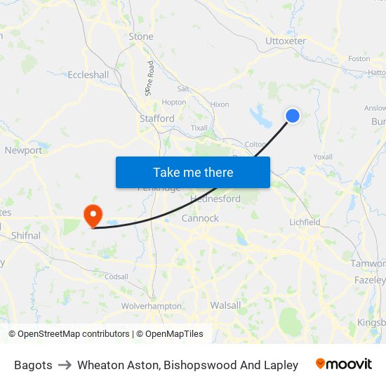 Bagots to Wheaton Aston, Bishopswood And Lapley map