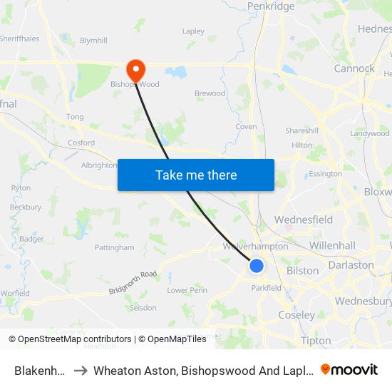 Blakenhall to Wheaton Aston, Bishopswood And Lapley map