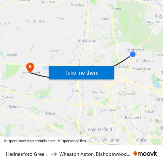 Hednesford Green Heath to Wheaton Aston, Bishopswood And Lapley map