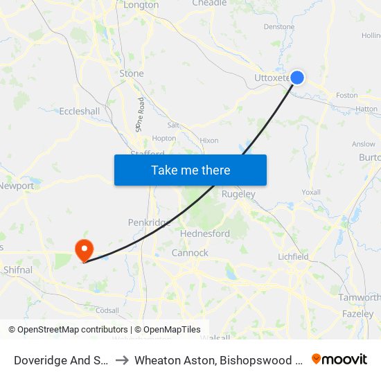 Doveridge And Sudbury to Wheaton Aston, Bishopswood And Lapley map