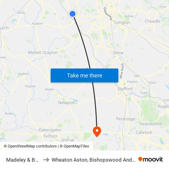 Madeley & Betley to Wheaton Aston, Bishopswood And Lapley map