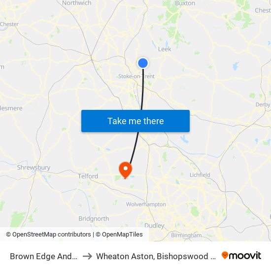 Brown Edge And Endon to Wheaton Aston, Bishopswood And Lapley map