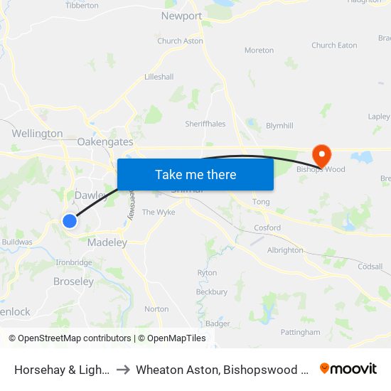 Horsehay & Lightmoor to Wheaton Aston, Bishopswood And Lapley map