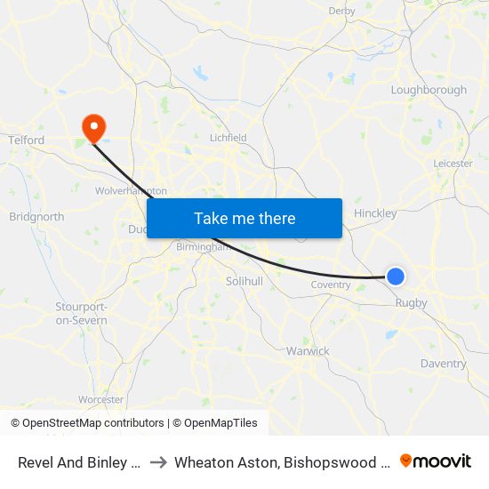 Revel And Binley Woods to Wheaton Aston, Bishopswood And Lapley map