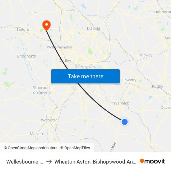 Wellesbourne East to Wheaton Aston, Bishopswood And Lapley map