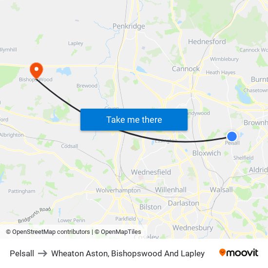 Pelsall to Wheaton Aston, Bishopswood And Lapley map