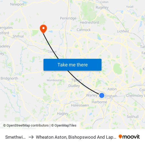 Smethwick to Wheaton Aston, Bishopswood And Lapley map