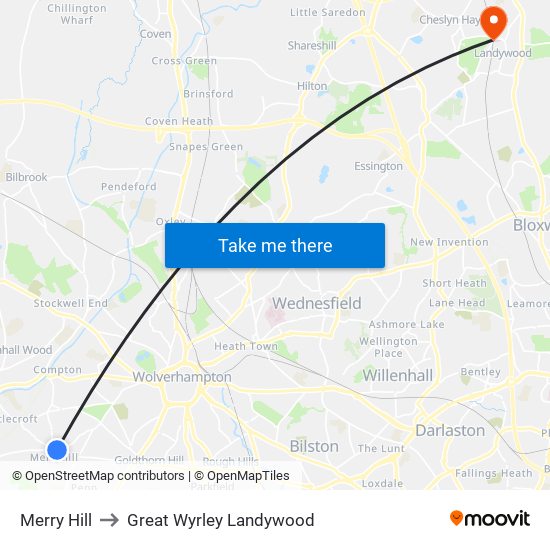 Merry Hill to Great Wyrley Landywood map