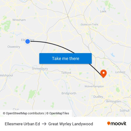 Ellesmere Urban Ed to Great Wyrley Landywood map
