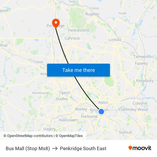 Bus Mall (Stop Ms8) to Penkridge South East map