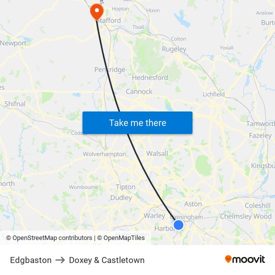 Edgbaston to Doxey & Castletown map