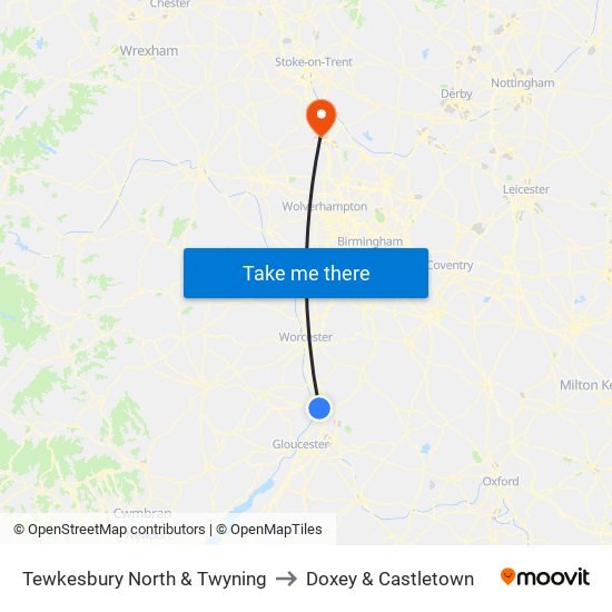 Tewkesbury North & Twyning to Doxey & Castletown map