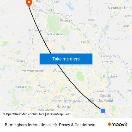 Birmingham International to Doxey & Castletown map