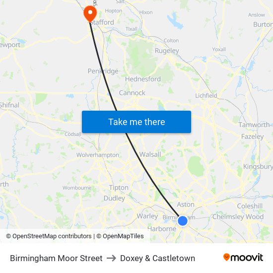 Birmingham Moor Street to Doxey & Castletown map