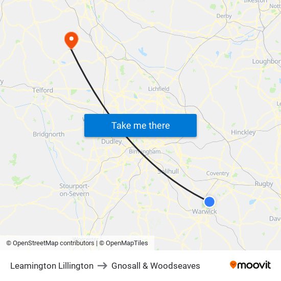 Leamington Lillington to Gnosall & Woodseaves map