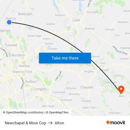 Newchapel & Mow Cop to Alton map