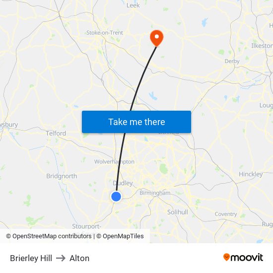 Brierley Hill to Alton map