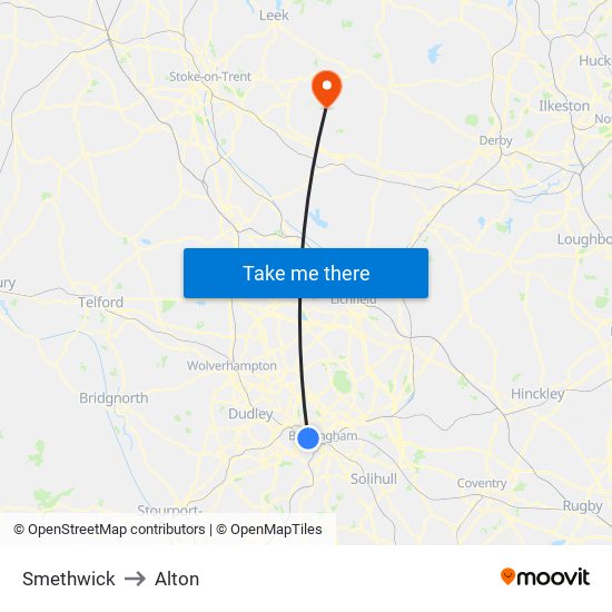 Smethwick to Alton map