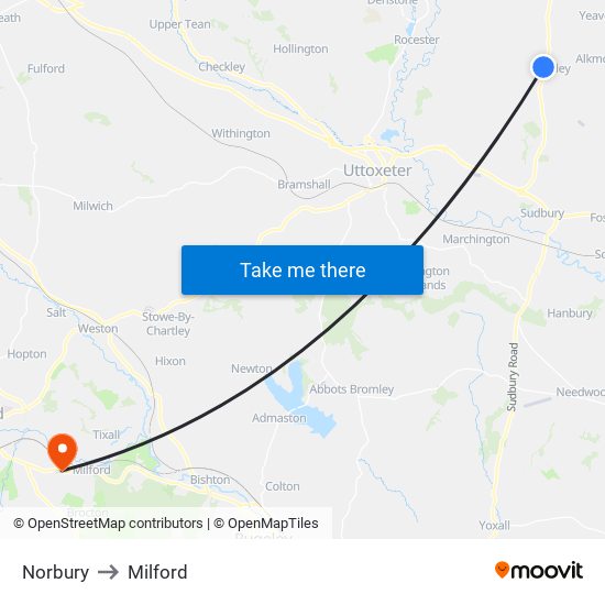 Norbury to Milford map