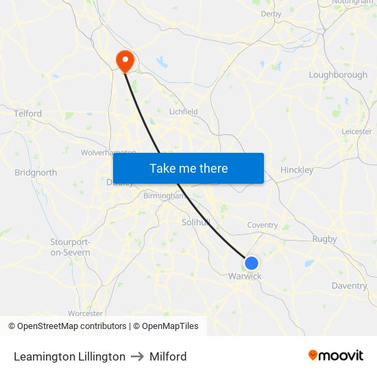 Leamington Lillington to Milford map