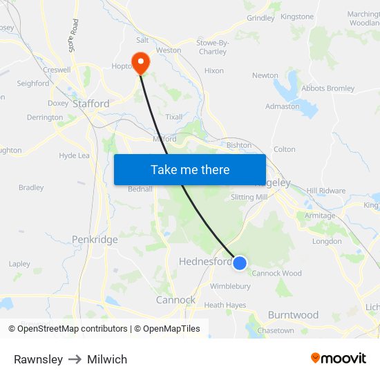 Rawnsley to Milwich map