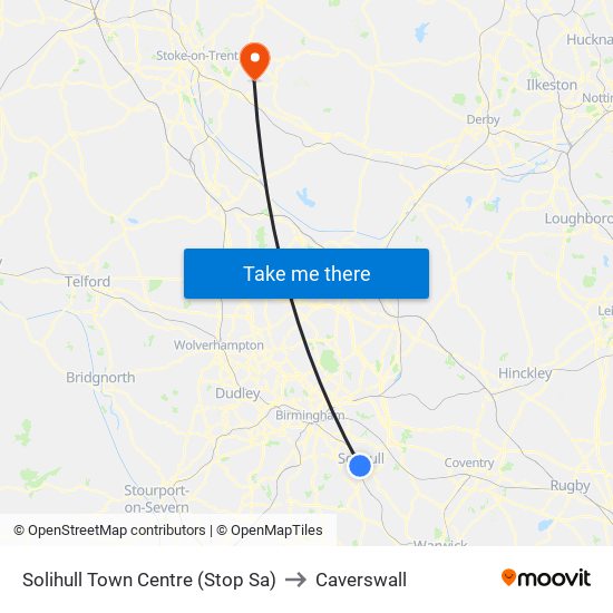 Solihull Town Centre (Stop Sa) to Caverswall map