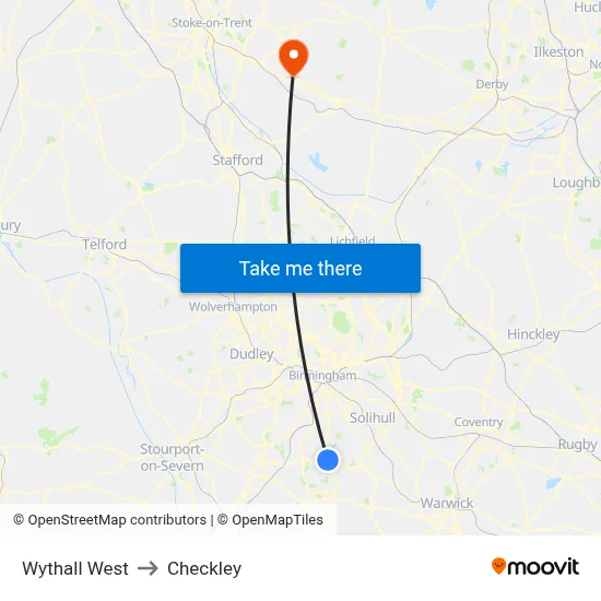 Wythall West to Checkley map