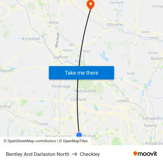 Bentley And Darlaston North to Checkley map