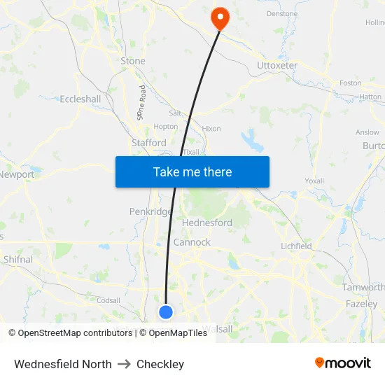 Wednesfield North to Checkley map